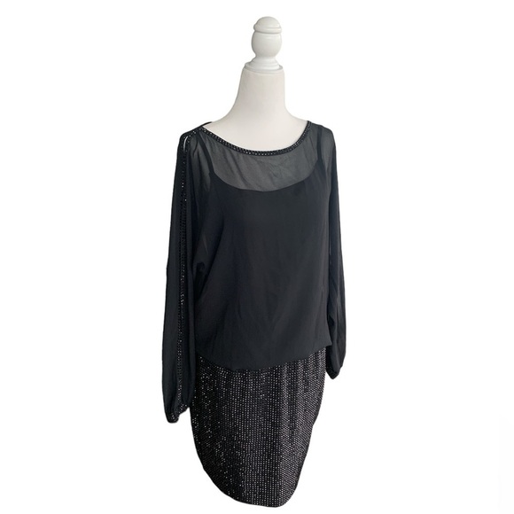 Cache Sequins Embellished Sheer Elegant Black Evening Mini Dress sz S - Picture 1 of 9